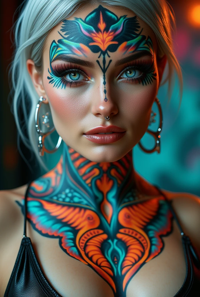 image of a beautiful tattooed girl in a fantasy style with fairy-tale features and intricate body art, in full growth, her face is decorated with bright patterns of makeup paint, volumetric lighting, digital painting, very detailed, ultra-realistic