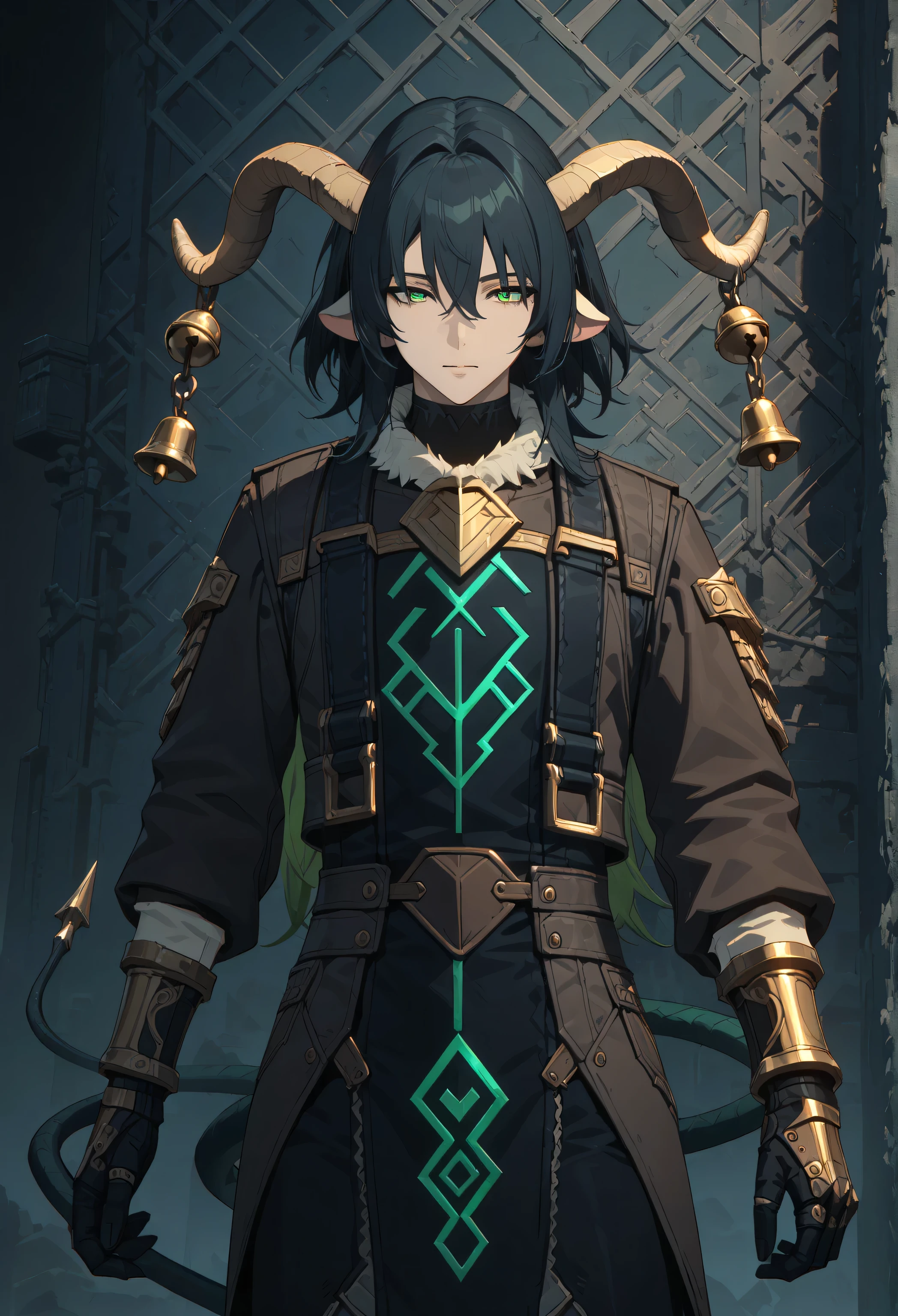 long hair, absurdly pitch-black hair, 1boy, handsome, very fair skin, green eyes, wearing armor, Primarch, very tall, handsome man, long black hair, green eyes, (bright green color) glowing heavy armor, rat ornaments, clean shaven, brown armor, mouse ears, long curved horns, alpine Ibex horns, flawless skin, pale skin, glowing eyes, Rat Thiren, black hair, long hair in-between eyes, perfect lighting, best quality, high quality, masterpiece,best quality,high resolution,8k,ultra HD, illustration,perfect face,cowboy shot,beautiful detailed eyes,extremely detailed face,perfect lighting,extremely detailed CG,perfect body,perfect hands,perfect fingers, horns extending outward, small bells hanging from horns, alone, pauldrons, masculine, (black cyber Rattail from coccyx:1.1), brass bells, perfect tail, matching bells, strait tail, 