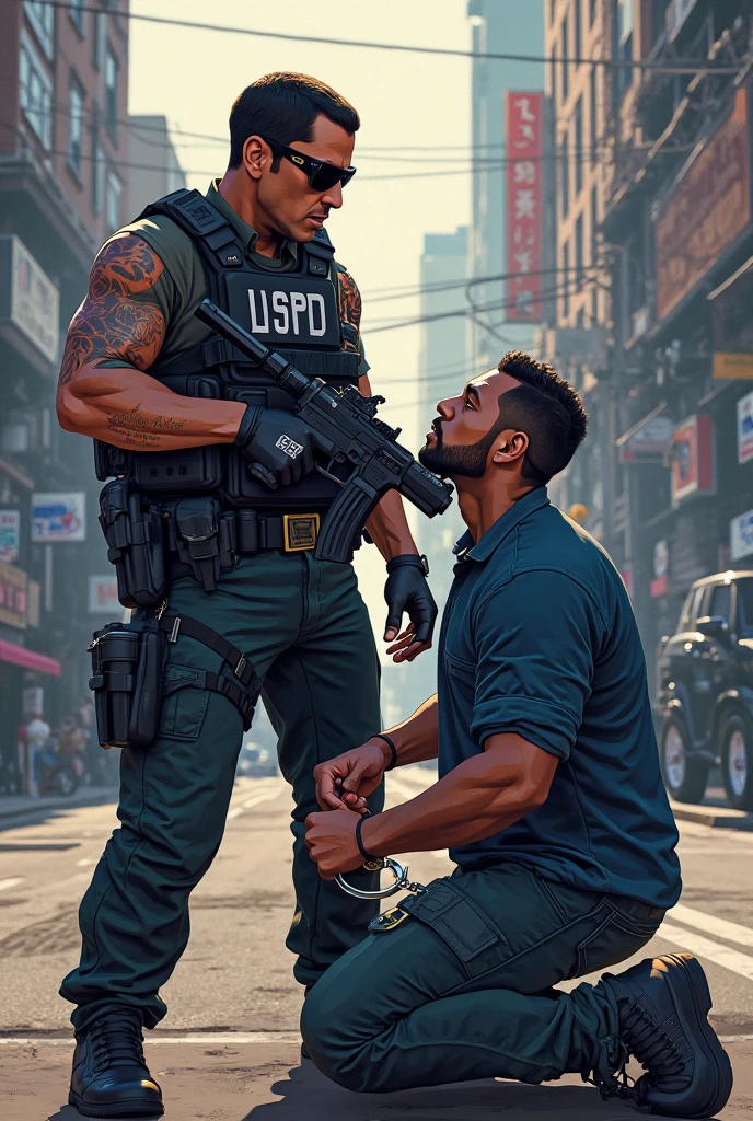 Muscular indian officer smoking and stomping his criminal on groin with brown police shoes in victory pose.