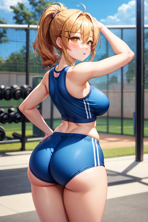 sakura bakushin o \(umamusme\) in sexy mini shorts and sports bra, crouched deadlifting with a bar with her back facing a gym mirror, sweating, High Resulution, UHD, detailed image.