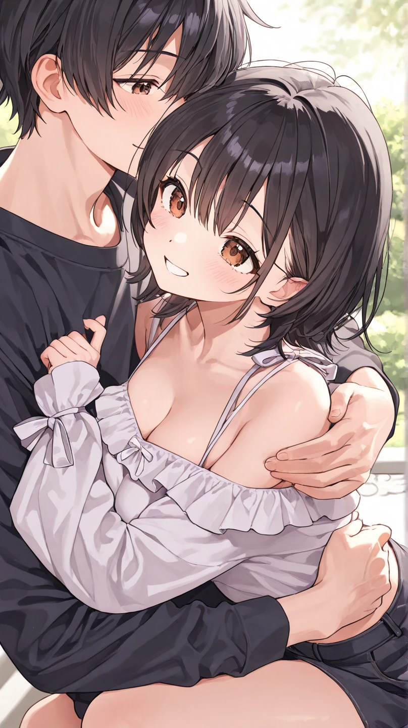 One woman, blush, Short Hair, Black Hair, Small breasts 8k, Very detailed, 16k, Outdoors Front view Perfect pink camisole Black eyes My camisole is being pulled Hand from bottom right of screen
