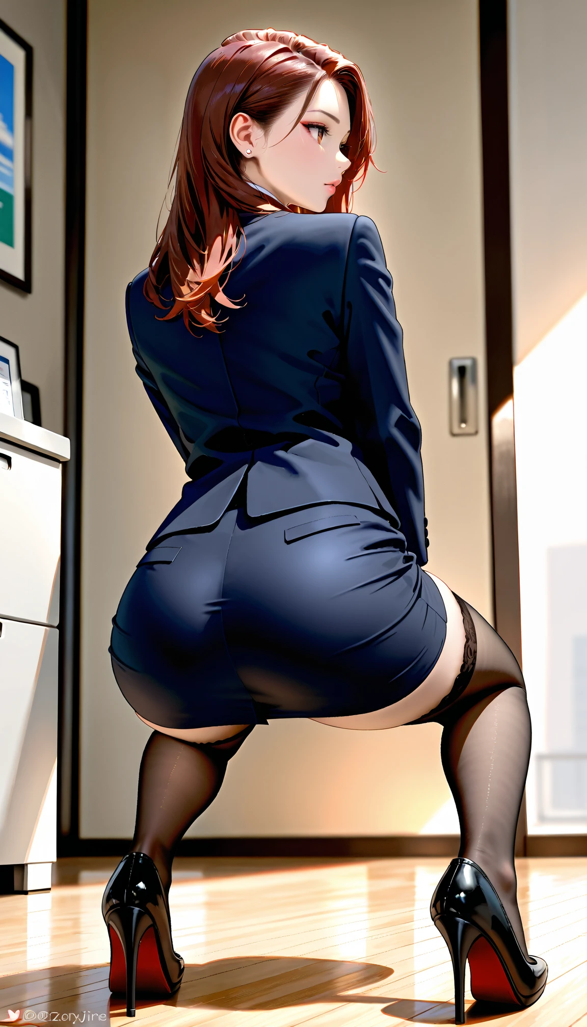 ((masterpiece, best quality)), ((27 year old)), (((Curvy))), (((Latina with long red hair))), in blue sweater, grey skirt, ((white cotton panties)), (((Large Hips))), ((upskirt)), (((low angle shot))), ((Shot from below)), (((photo realistic)))