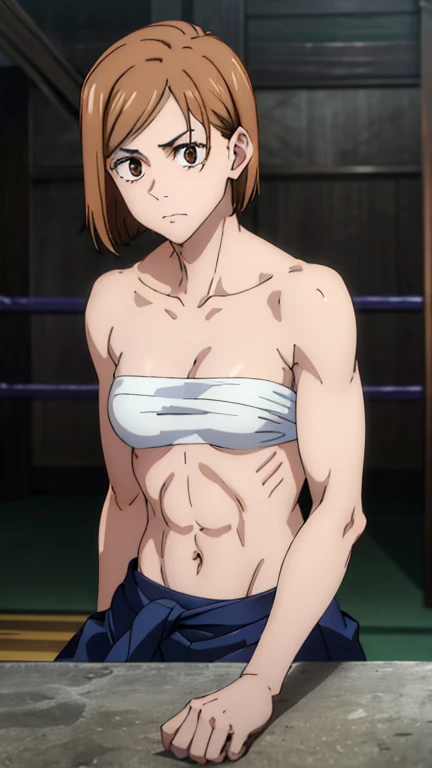 (masterpiece,highest quality, be familiar with), 1 girl, muscular、Are thin、small shoulder width、small breasts、alone, classroom, indoor, put your hand on your waist, closed mouth, dutch angle,(blonde)、midorikawa hana,narrow your eyes, eyelash、striped sexual panties、prison clothes, striped big shirt、belly button、The lower body shows sexual panties