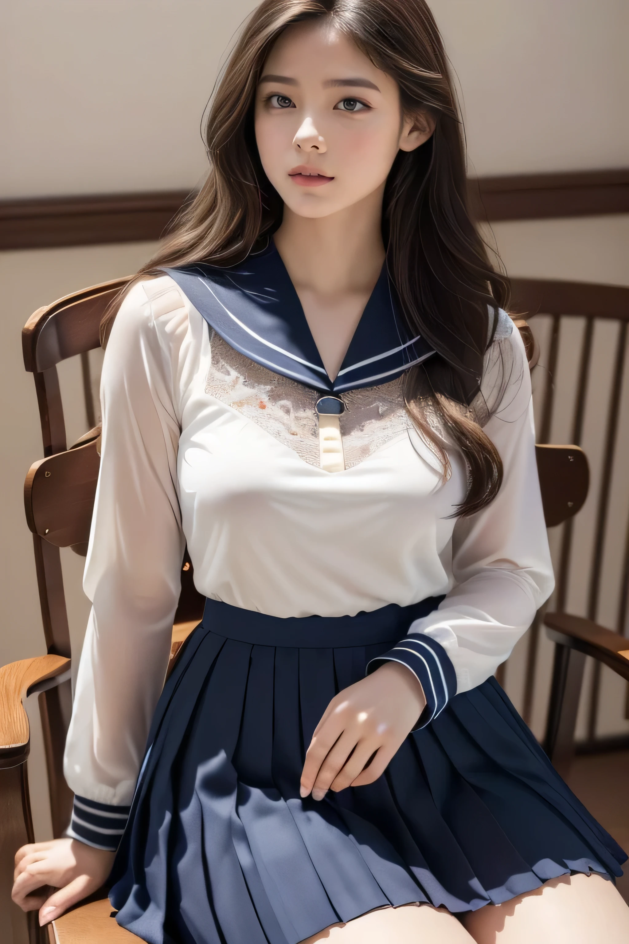 ((highest quality、8k、masterpiece:1.3)),((((cowboy shot)))),Ultra-high resolution,big eyes,Japanese,bangs,(a girl),(1 girl),((20 years old)),((facing at viewer)),(long hair),(((black sailor uniform))),((sitting on chair)),(pleated mini skirt),((white floral panty)),((skirt lift))