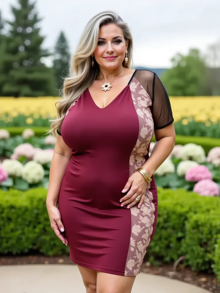 1 mature woman in, age60, Solo, casual hair, curvy body, Looking at Viewer, grayblondehair, Bare shoulders, Brown eyes, jewely, Full body, a necklace, off shoulders, (wearing elegant patterned red tie tube collared shirt, black skirt elegant patterned), Distant photo, Realistic, A sexy one, beautiful colour, Perfect skin, 3 bust size, instagram (Realistic, A high resolution),photo size 3:4, 1 cute sexy mature woman, large expressive blue eyes, happy, (8K, raw photo, Best quality, High detail, curvaceous forms, curvy body, seductive pose, in the studio Foto with three ports lighting, with black wall background. Her back is turned to the photographer