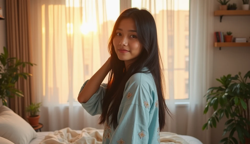 Japanese girl, long hair, very sweet, gloomy eye, shy looks, smile, wavy hair, wearing white long sleeve shirt, legs straddle, on the bed, 