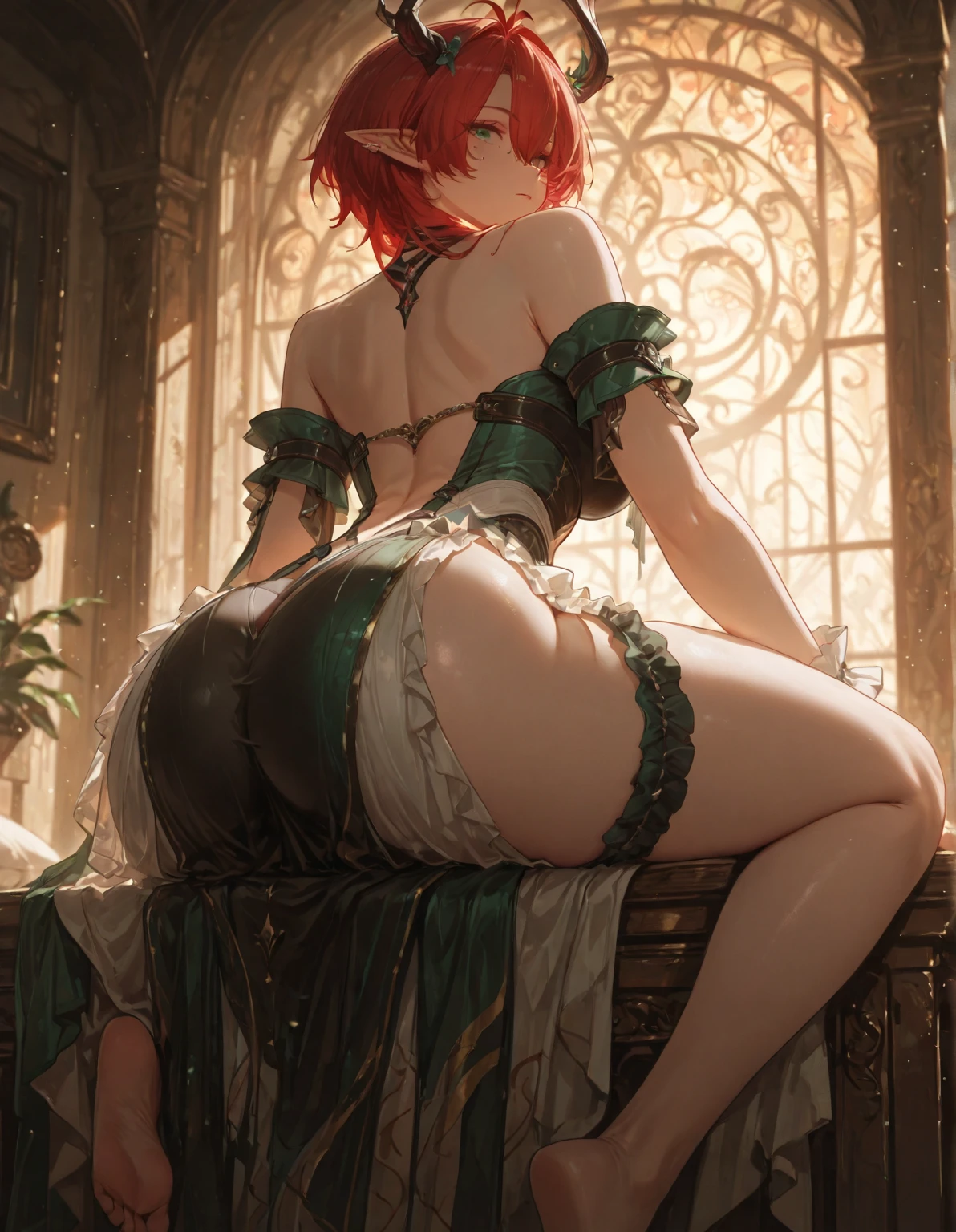 1girls, natural lighting, masterpiece, highly detailed, illustration, game CG, absurdres, high quality, beautiful detailed eyes, glossy lips, natural lighting, medium breasts, redhead, bangs, green eyes, freckles, ass view, picture in a frame, (glory wall pose:1.3), leotard, tutu
