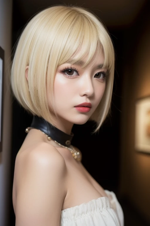 (Highest quality、4K、8k、High resolution、masterpiece:1.2)、Very detailed、(Genuine、Realistic、Realistic:1.3)、blonde、Pixie Cut、Black choker、((Completely naked))、room、Breathing fresh air on the balcony
