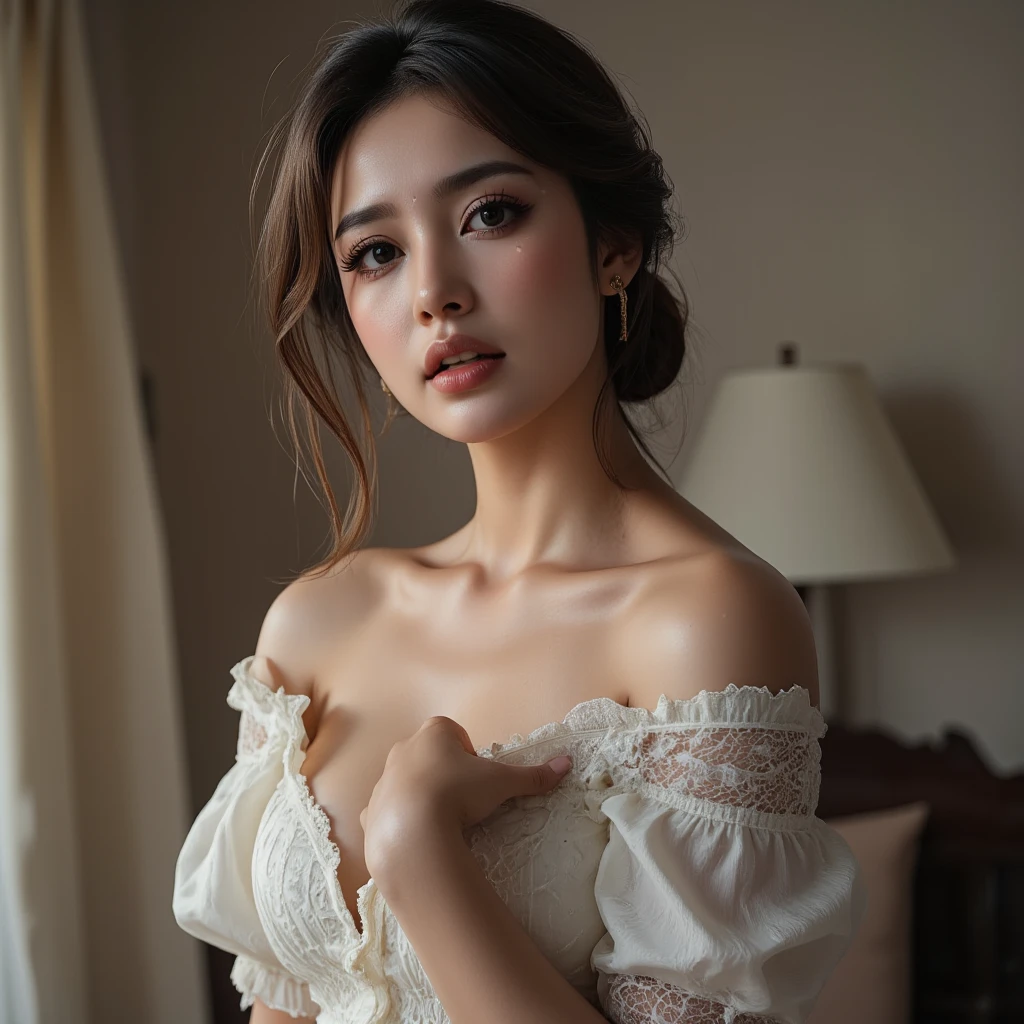23 year old woman, standing, seductive, smooth skin, shoulder length brown hair, bright blue green eyes, thin eyebrows, fair skin, blushing cheeks, perfect body, big breasts, white dress, cleavage, castle hallway, eye contact, seductive smile, high detail, feminine facial features, slim, slender, high resolution, real girl, realism, realistic, soft lighting