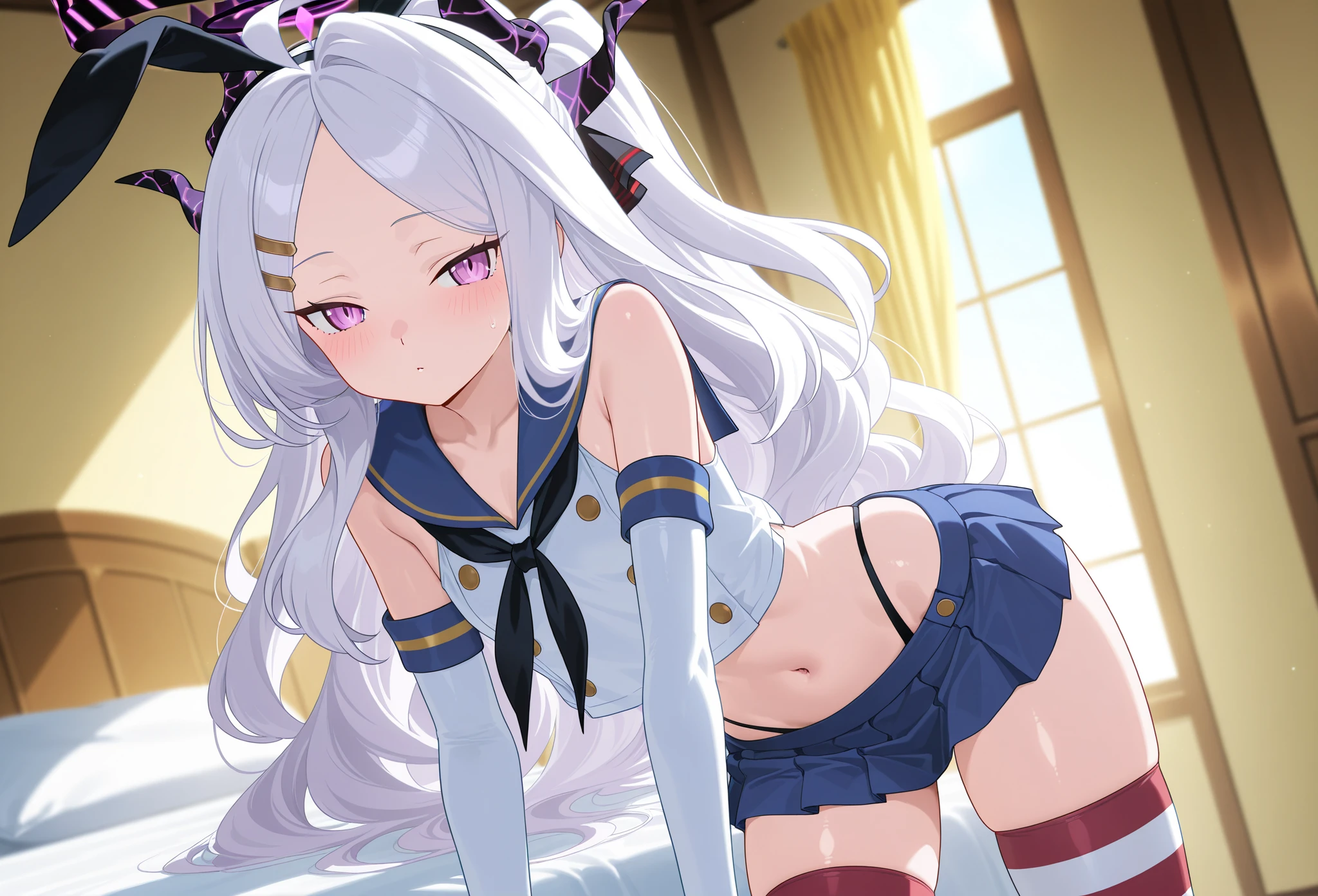 Ala Fed Asian cheerleader posing dynamically with large pom-poms in both hands in stadium、a closeup、 a picture、Anime 、tiny chest、Raw photography, top-quality, hight resolution, (masterpiece), (Photorealsitic:1.4), プロのa picture, foco nítido, nffsw, 8K分辨率, intricate detailes, depth of fields, the Extremely Detailed CG Unity 8K Wallpapers, front lit, girl with, beautiful supermodel, A smile、A slender、Twin tail hair、Korean style uniform、Peeking from below、(skinny thigh)、White underwear is visible、Wearing a sun visor on the head