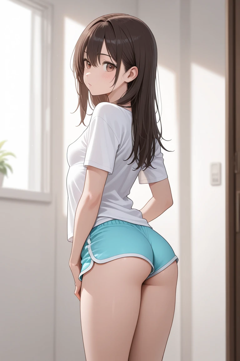a girl straddling barstool cushion, dolphin shorts,