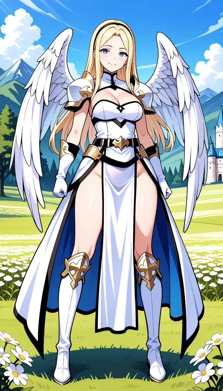 (masterpiece, best quality, high resolution, ((full body, standing,))1 man, very long white hair, athletic body, white angel armor with gold details, fantasy full body, angel helmet covering everything the face, white angel wings, nagel wing, white fantasy swords in the hands, powerful posture,
