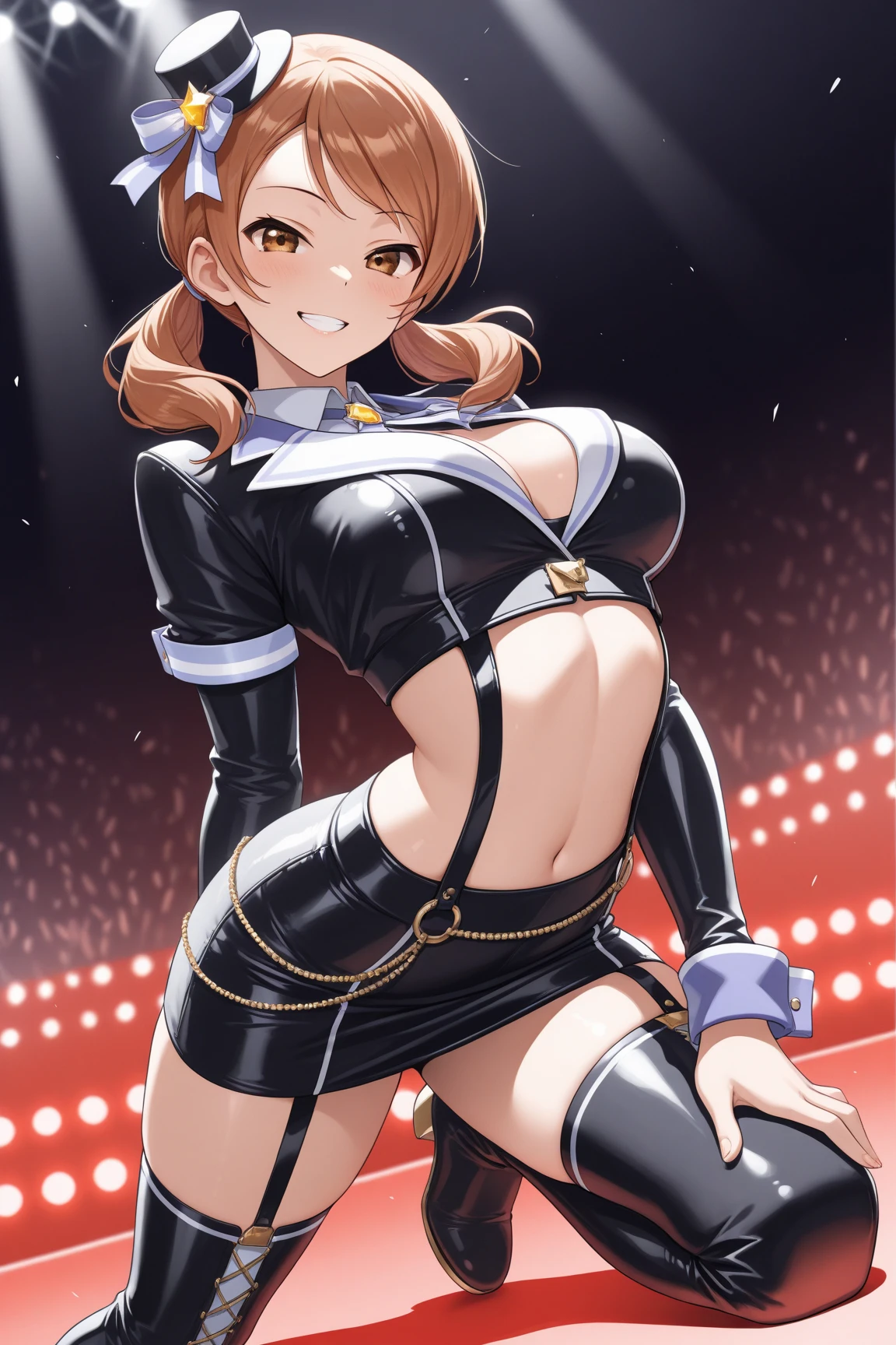 NSFW,(super fine illustration,8k cg wallpaper,highest quality,very detailed,ultra high resolution,best aesthetics,anime colored),(cowboy shot,From front),IdolMaster,((sarina matsumoto)), (20yo, beautiful girl), (beautiful light brown eyes),((((beautiful light brown hair)))) ((long straight hair)),(wet hair), (shiny hair), (beautiful pale orange skin),(shiny skin),(wet skin),((deep blue idol dress)),((blue hat)),(slender),(very large breasts), ((pubic brown hair:1.3)),(bsp, pussy juice dripping,pussy, pussy slip,no makeup, sweaty body),(no bra),(no panty), ((open clothes)),((spread legs)),(((spread pussy:1.3))),((steam)),(scatter sweat),(one eye closed), (out tongue),(open mouths),(evil smile),(Nice touch),((turn your arms behind your back)),(Bukkake, cum on body:1.7),(Bukkake, cum on face:1.3),((Bukkake, cum in hair:1.3),(ecstasy),(((sex,Cowgirl))), (multiple penises, surrounded, multiple boys),((On the stage of the concert hall)), light particles, blurry background,(motion lines),