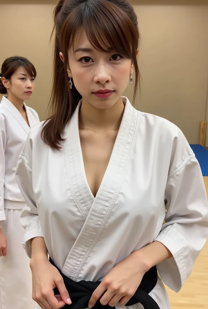 (1 young office lady practicing judo with 1 old man:1.2,close to each other:1.1), (her nipples having touched by old man:1.1),very cute face,bob hair,open judo uniform,small breasts,perfect anatomy, masterpiece, best quality,8k,perfect face,from front