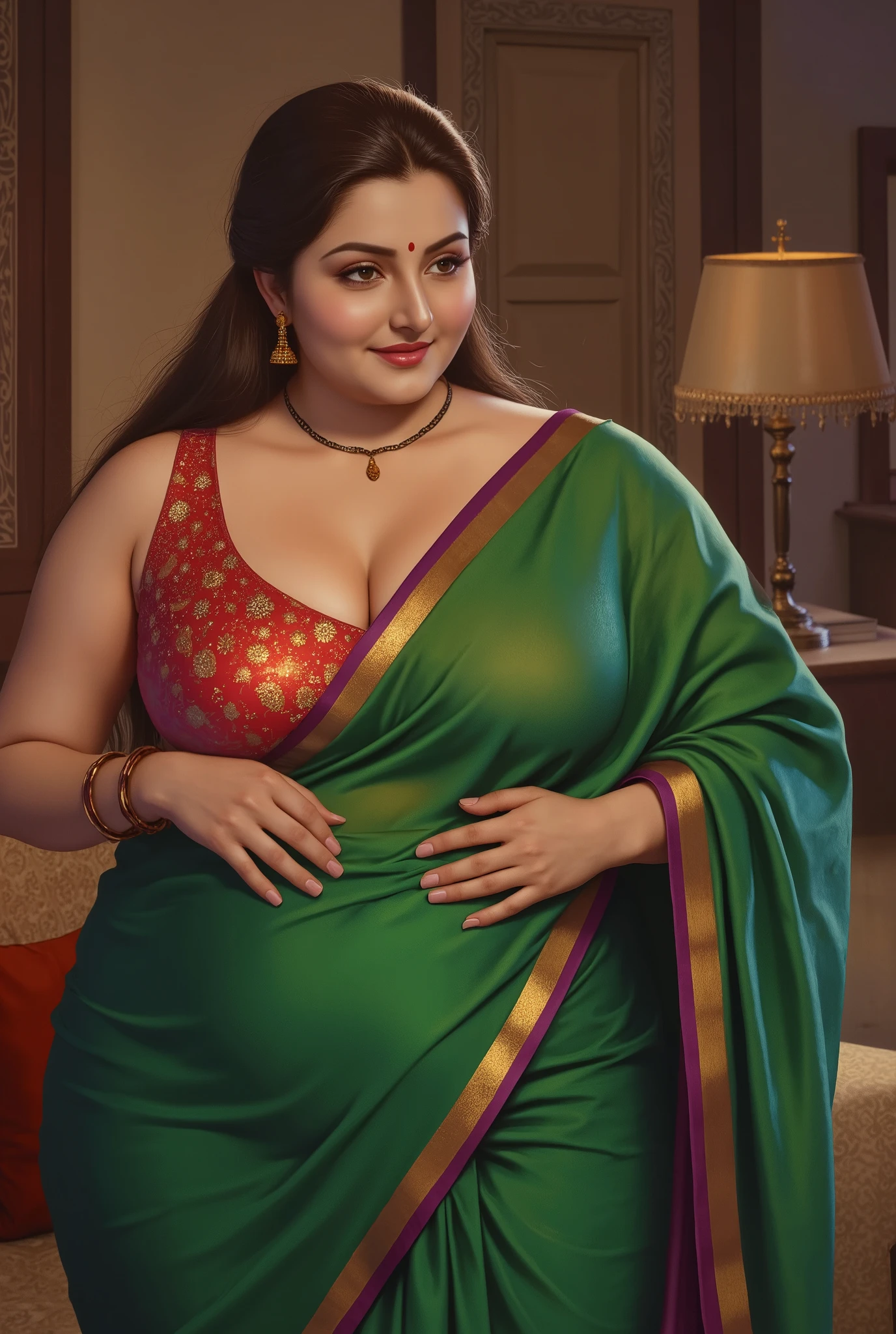 (Centered composition, cinematic lighting, detailed background) — A high-resolution, ultra-detailed painting in the style of renowned Indian artist Manimala, mature South Asian woman, chubby woman, voluptuous figure, full-figured, fleshy curves, Indian aunty, confident, graceful, body-positive, traditional Indian home, warm lighting, seductive pose, deep cleavage, She's dressed in a rich emerald green silk saree with a shiny golden border and a thin purple trim and red wmbroidered v neck deep blouse that prominantly displayes her deep cleavage, her big round breasts curves are highlighted by the dress, draped neatly over her shoulder. The navel is visible, heavy bust, round belly, wide hips, soft curves, mangalsutra, black and gold necklace, (hair is styled in a romantic half-up crown twist, with the top section pulled back in an intricate braid that adds subtle regal detail, while the rest cascades down in long, soft waves), wet-look loose strands, soft makeup, kohl-lined eyes, glossy lips, subtle blush, gold earrings, smoldering gaze, direct eye contact, warm domestic scene, intimate moment, sensual expression, fabric folds, soft skin, glinting jewelry, photorealistic textures, cinematic lighting, elegant composition