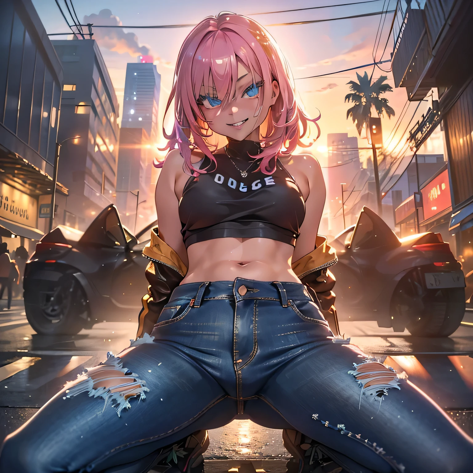 (cowboy shot), evil grin, evil smile, half closed eyes, blush, drunken eyes,
(squatting), (open legs wide, spread legs:1.5), (head tilt), (leaning forward:1.5), (breasts apart),(sagging breasts),
(extreme close-up of thigh), (The view is from very close below:1.5), looking down, looking at viewer,
((best quality)), ((masterpiece)), high resolution, sharp focus, (ultra detailed, highly detailed), (highly detailed CG unity 8k wallpaper),
(((vibrant colors))), {best illustration}, very shiny skin, shiny body, plastic glitter skin, exaggerated shiny skin, illuminated skin,
(oily skin), (glistening skin:1.2), Detailed skin, ((complete anatomy)),5本の指, betterhand, 1Girl, A young woman in her 20s standing in a GTA6-inspired scene, wearing street fashion (crop top, ripped jeans, sneakers, gold accessories), confident pose, background featuring a neon-lit Miami-style cityscape at night, palm trees, distant beach, flashy sports cars or motorcycles parked nearby, vibrant pink and blue color tones, cinematic lighting, highly detailed textures, realistic shadows, 4K resolution, photorealistic style,
(A girl holds a pistol), police sirens flash in the background and smoke from an explosion can be seen in the distance,