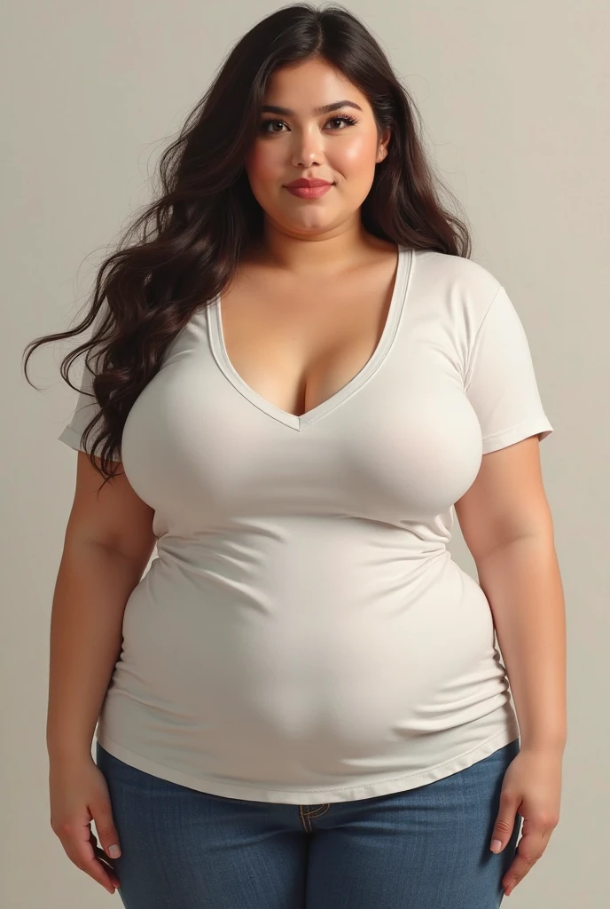 Standing Beautiful Fatty Girl With white tshirt , jeans and Very Attractive Face, realistic image