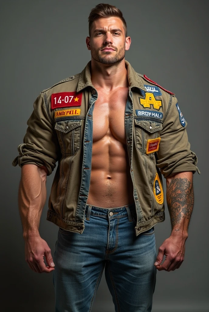 A character portrait [Soviet Union man. hairy body, alpha male, huge biceps, ripped abs, blue jeans, jacket, sneakers, homoerotic, rage boner, nsfw, sunny morning] 4k, high detailed, beautiful, dark age, art by Stanley artgerm, by Daniel f gerhartz, by pino daeni, highly detailed, sharp focus.