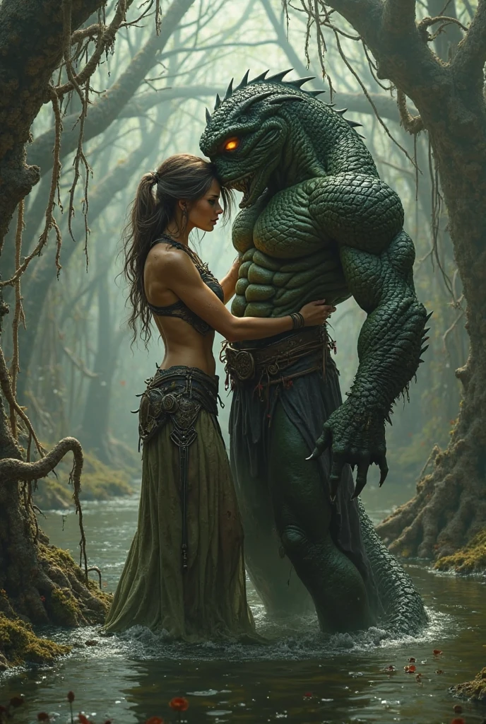 (duo), male bahamut and female human, by taran fiddler, [by null-ghost],  detailed beautiful eyes, romantic, detailed hands, cave, hugging, protective male, female in dress,