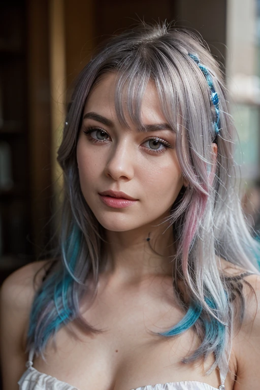 A girl with long blue hair. Her face is exquisite, with high cheekbones and smooth fair skin. Her large black eyes, framed by long thick eyelashes, are impressive and expressive, radiating calmness and confidence. Well-defined eyebrows curve gracefully above her eyes, adding intensity to her gaze. She has a small, straight nose and full, slightly parted lips that curve into a slight smile, revealing hints of mischief and allure. Her sharp, well-defined jawline gives her face a refined and elegant appearance. Pink halo, white robe dissolving into pink smoke, pink glow inside hood, no face, pink ribbons spreading out from behind, flying in sky, sunset storm background