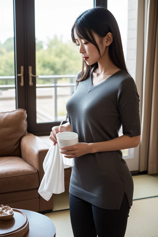 (masterpiece:1.2), super high quality, japanese girl, 1girl, slender body, (18 years old), ((tight fitting skirt)), (plain t-shirt), (slender thighs), (tits), bedroom, smiling,