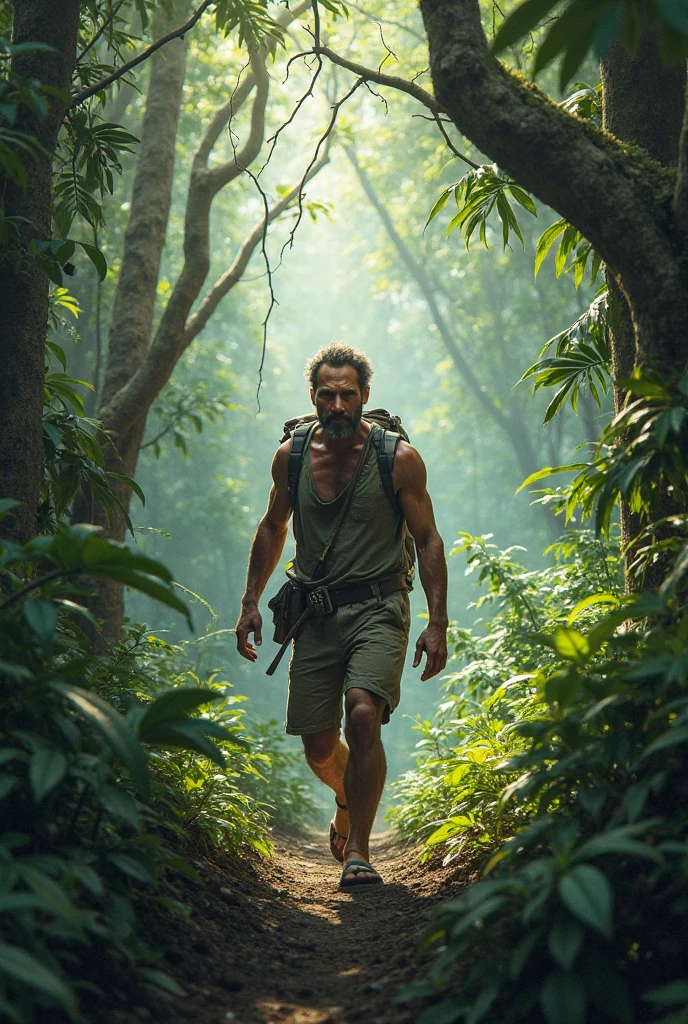 Certainly! Here's a reimagined scene with a different setting:
---
**The Scene:**
In the heart of an ancient, towering forest, the blonde male model with striking blue eyes stands as a captivating figure amidst the natural wonder. His athletic, toned physique is on full display, shirtless and gleaming under the dappled sunlight that filters through the thick canopy of leaves above. He wears bright emerald green cargo shorts that shimmer subtly, a vibrant contrast to the earthy tones surrounding him.
The setting is a secluded, enchanting glade deep within the forest. Giant, moss-covered stones are scattered around, with thick, twisted roots snaking across the ground, giving the place an ancient, almost mystical feel. The air is filled with the scent of pine and damp earth, and the sound of a distant waterfall echoes softly through the trees.
The model stands confidently in this verdant haven, his stance relaxed yet alert. One hand rests lightly on the rough bark of a centuries-old oak tree, the other casually at his side, fingertips brushing the delicate ferns that grow in abundance. His gaze is drawn upward to the canopy, where shafts of golden sunlight break through, casting a soft, warm glow that dances across the forest floor and highlights his sun-kissed skin.
His expression is one of serene wonder, a mixture of awe and contentment as he takes in the breathtaking beauty of the ancient forest. The interplay of light and shadow creates a magical atmosphere, making the model’s features and the natural surroundings appear almost otherworldly. The emerald green of his shorts echoes the lush foliage around him, seamlessly blending his stylish appearance with the raw, untamed beauty of the forest.
The scene captures a moment of peaceful exploration, where the model becomes part of the landscape, embodying the spirit of adventure and the timeless connection between humanity and nature.
**Keywords:** summer, ancient forest, dappled sunlight, shirtless, cargo shor