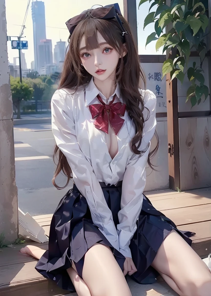 VSLINX_Orihime_Inoue, Dark brown eyes, ((Dark gray school uniform,red bowtie)), Medium breasts, white thighhighs, Superskirt, pantyshot, dark grey skirt, white kneehighs, school hallway, ((From the front side)), From above, Deep eyes, Detailed eyes, White panties, Smiling, Blushing, Slim legs, Detailed face, ((view the viewer)), Closed mouth, hair adornments, A high resolution, masterful, 8K wallpaper, Extremely detailed, Intricate, Hyper-detailed, hard lighting, Intricate details, Detailed eyes, eyes focus, (illustration:1.1), A high resolution, (Beautiful face:1.15), (((Masterpiece))), (Highest quality), ((Perfect face)), very deep eyes, (Cinematic lighting), Best quality, side lights, A high resolution, (Intricate details), detailed finger, Beautiful detailed eyes,Ray tracing,{Best quality}, {{Masterpiece}}, {A high resolution}, Original, Extremely detailed 8k wallpapers, {An extremely delicate and beautiful},incredibly_absurderes,Colorful,intricately details, Detailed skin, Detailed face, Ambient lighting, 8K resolution,Masterpiece, Sharp focus, 8K, Realistic, Highly detailed,Very delicate hair, very detail eyes,Intricate details,(Face focus:1.6)