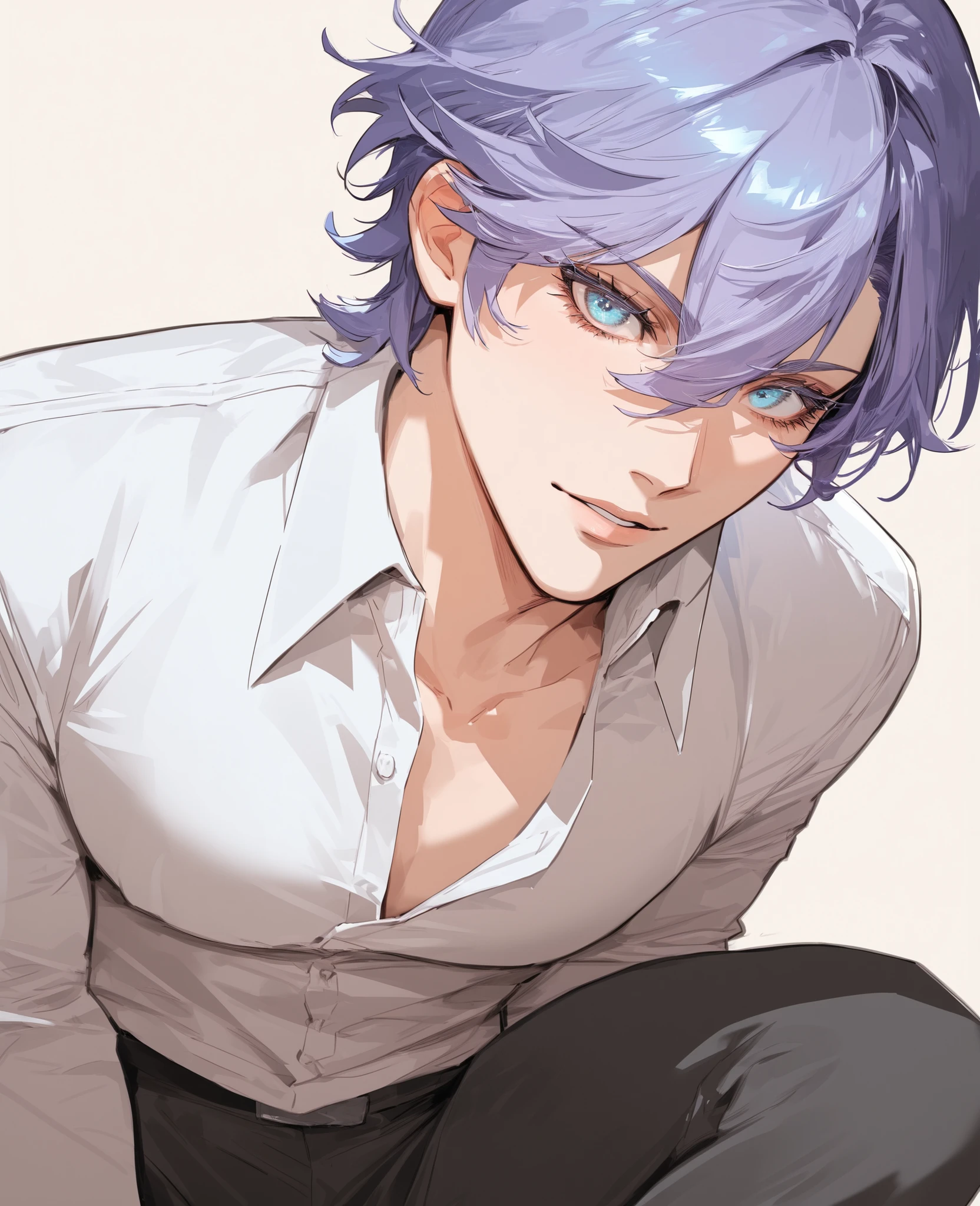 1boy, looking at viewer, keen eyes, simple background, male curvy body, cowboy shot angle, sexy, highres, hair between eyes, male cantarella \(wuthering waves\), blue eyes, purple hair, eyelashes, white button down shirt, black pants, 