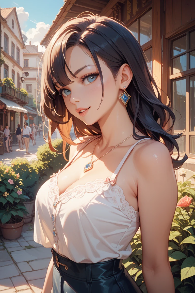 (day:1.7), a city with a lot of buildings and a sky background with clouds in the background and a blue sky, architecture,
Standing at attention, at the roof,
deep cleavage, collarbone, White apron,bare shoulders,
black Hair, brown eyes, Bangs, single braid,
1 girl, 20yo,Young female,Beautiful Finger,Beautiful long legs,Beautiful body,Beautiful Nose,Beautiful character design, perfect eyes, perfect face,expressive eyes,
looking at viewer, in the center of the image,(Upper_body),(close-Up),(Focus on her face),
official art,extremely detailed CG unity 8k wallpaper, perfect lighting,Colorful, Bright_Front_face_Lighting,shiny skin,
(masterpiece:1.0),(best_quality:1.0), ultra high res,4K,ultra-detailed,
photography, 8K, HDR, highres, absurdres:1.2, Kodak portra 400, film grain, blurry background, bokeh:1.2, lens flare, (vibrant_color:1.2)
(Beautiful,large_Breasts:1.4), (beautiful_face:1.5),(narrow_waist),