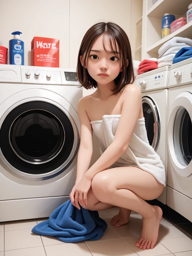 girl looking up:2.0, (open your mouth:1.5) real number、、Ten generations、RAW photo、(Masseter muscle part)、(highest quality)、((small washing machine1towerがある部屋:1.4))、((cowboy shot:1.4))、((Side view:1.4))、(1with a girl)、((short hair girl:1.4))、((look up with a smile:1.4))、((full nude:1.5))、(realistic、Photoreal:1.2), Upper body、sleeveless、skinny、full nudeの16 years oldの少女、small breasts、((udder of medium size,,:1.4))、(small washing machine1tower)、look up at the ceiling、open your mouth wide、((ひざまずいてgirl looking up.:1.4))、background blur