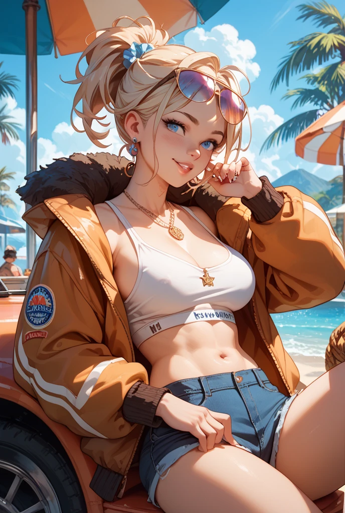 anime character, girl, 18 years old, Gyaru, Tomboy, black skin, blond hair, blue eyes, white bikini, white underpants, denim jacket, happy, holding beer on beach, 4k