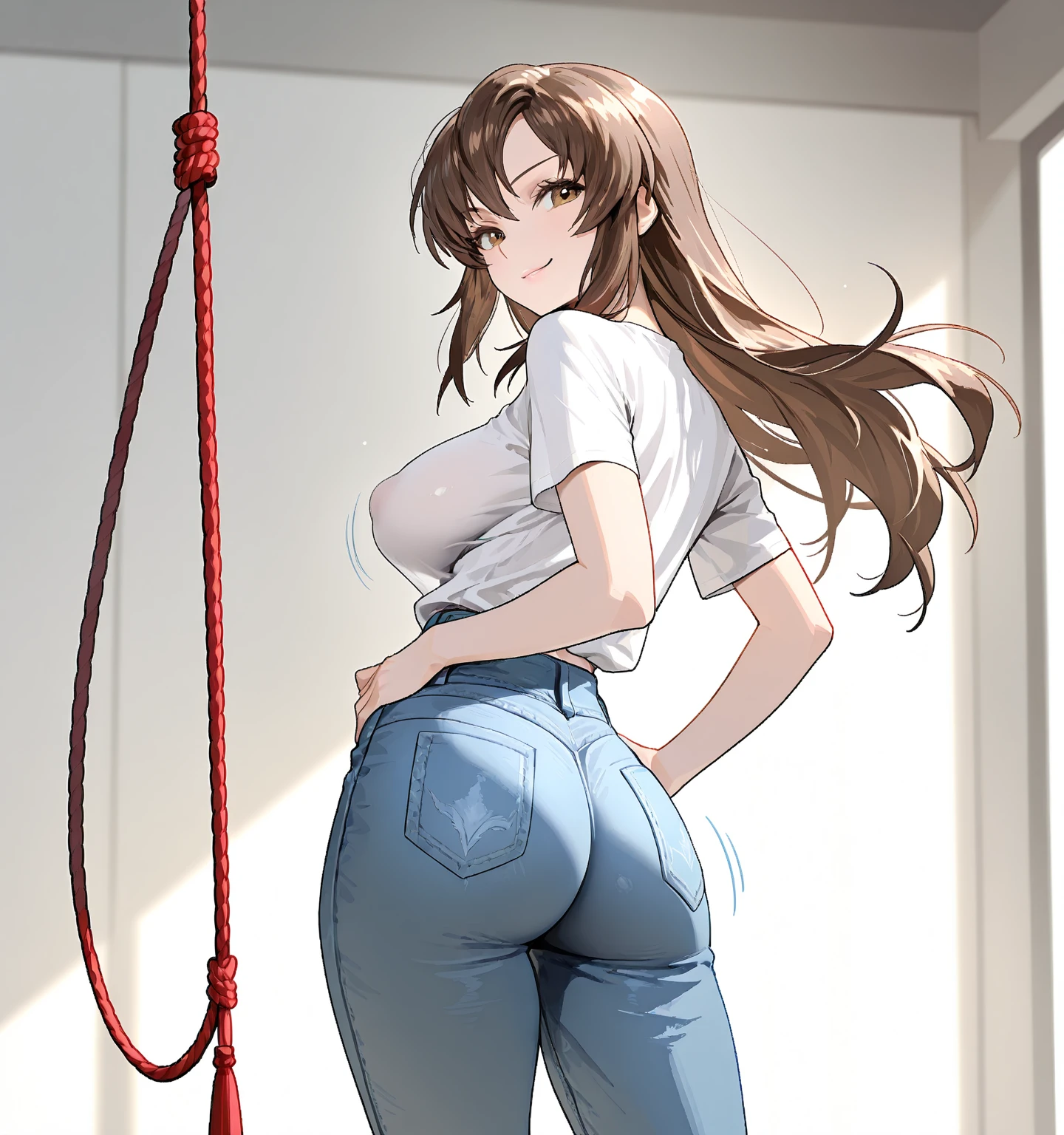 Slender and sexy woman,Black thigh-high boots,Beige jean shorts,Molester,Chained,Foot restraint,Arm restraints,ponytail,suspension,suspension,