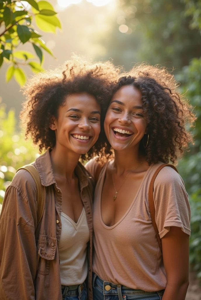 a Drawing inspired by Disney characters I want a brunette girl with curly hair, dark eyes, approximately 20 years old, wearing a black and white tank top, next to a young brunette, with short curly hair, with a very spontaneous smile, wearing a beige t-shirt and approximately 25 years old