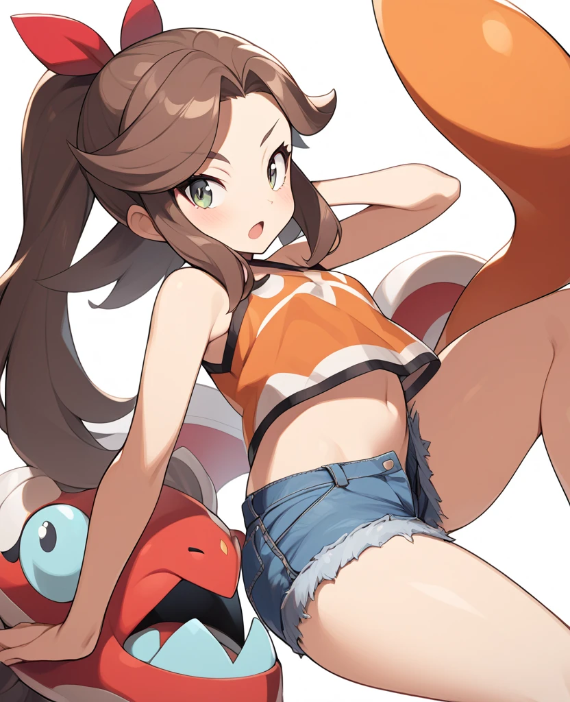realistic, masterpiece, ray tracing, brown hair, brunette, glasses, tight shorts, crop top, bra, tight clothing, sleeveless, no teeth, smile, huge breasts, nipple, nipple visible through bra, cleavage, red lipstick, blue eyes, wide hips, thick thighs, legs, boots, muscles, abs, pretty face, on top of hill, grass, flowers, trees, sitting down, watching sunset, stars, night sky, moon, clouds
