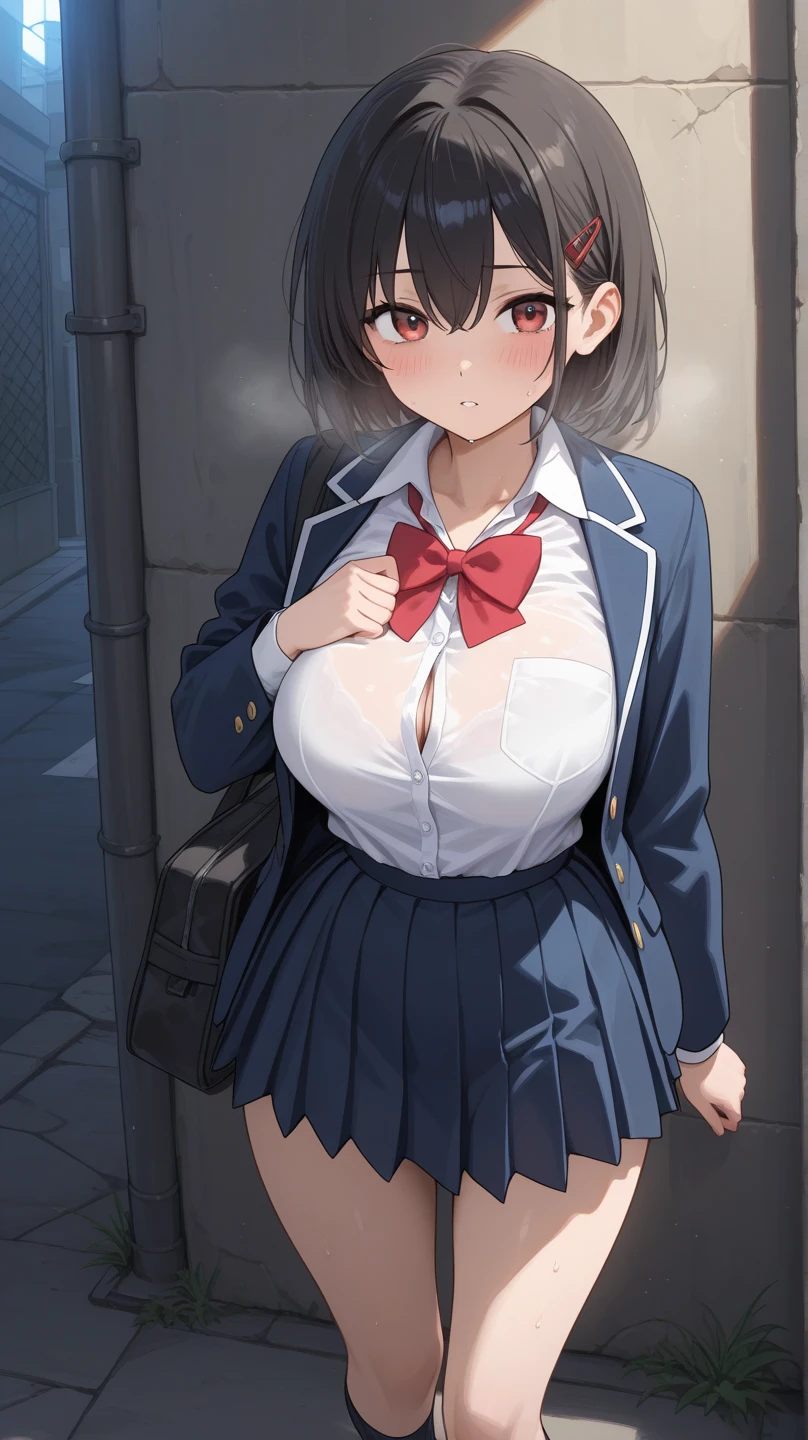 (POV from above), (Best quality: 1.5), (masterpiece: 1.5), (2.5D), (good definition), (detailed face), (well-drawn face), (vivid colors), (1 character), (exaggerated proportions), (hentai), (perfect anatomy), (character in the center), (absurd), (4k wallpaper), (detailed eyes), (perfect hands), (perfect fingers), (beautiful skin ), (shiny skin), (perfect shadows), (perfect lighting), (full body), (beautiful eyes), (masterpiece), (voluptuous body), (pretty face), young girl, dark brown hair, hair long straight with bangs, red eyes, wears (school uniform) with thigh-high stockings, flirtatious and lustful expression, huge breasts, huge thighs, huge butt, voluptuous body, good proportions, is walking down the street and a young boy with huge penis hugs her thigh