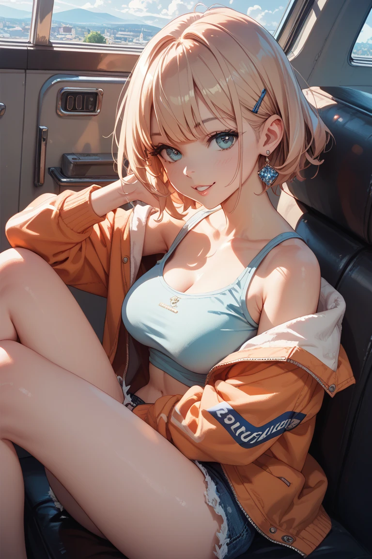 childish, sassy, skinny, freckled, blonde girl, green eyes, flat chest, pert butt, red cap, sunglasses, thick necklace, wristband, blue tank top, micro denim shorts, red sneakers, cheeky smile, sitting in the passenger seat, in the cabin of a truck, ecchi anime, Takei Hiroyuki style, cinematic, dramatic, POV, dynamic view, full body,