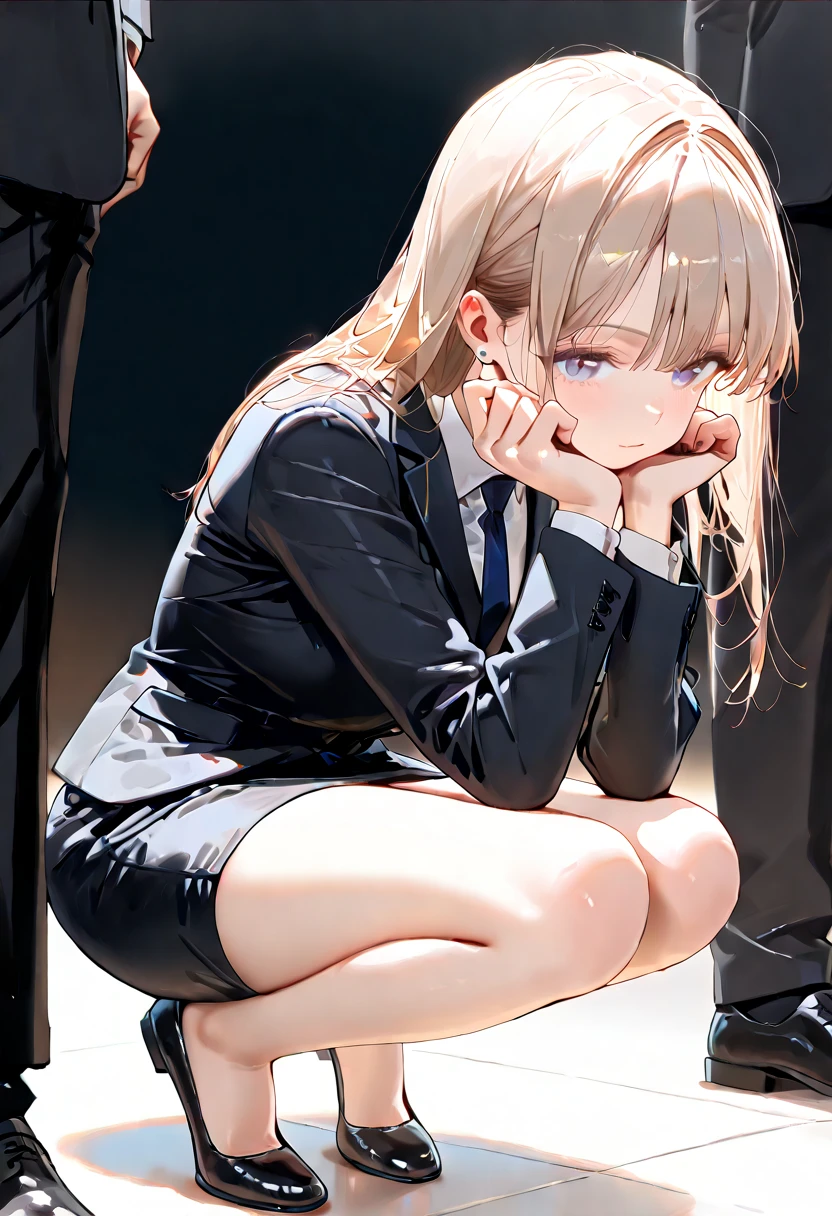 (((night,真night中))),((Dark atmosphere)),((Perfect Anatomy:1.2,Realistic:1.3,Raw photo:1.3,masterpiece、highest quality、Ultra - High resolution、High resolution、Extremely detailed CG、8k)),Cowboy Shot,((attractive way to sit)),((((Crouching pose)))),1 female,alone,18-year-old、High school girl beautiful girl,Japanese,((Beautiful and exquisite face and eyes:1.2,Big beautiful eyes:1.3,)),(Brighten your eyes),((Beautiful woman))、Blonde,Long Hair,(Center parted hair:1.4,amount),Medium chest,((slim body)),Small Head:1.3,skinny,(Brown Skin:1.4),(Oily skin,Glowing Skin,Shiny skin,Sweat:1.2),(school uniform、Dark blue blazer jacket、Checkered pleated mini skirt),(prostitution),Dirty back alley、Tokyo、((Turn your body forward)),(lonely),((Feeling melancholy))、Stick out your crotch、(Apathy),(Lucky)、((Expressionless))