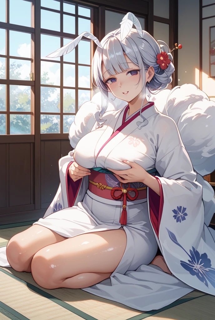 best quality, masterpiece, highres, solo, {yukata:1.40}, {kimono:1.20}, {dunkerque_azurlane:1.15}, long_hair, grey_hair, hair_ornament, breasts, large_breasts, butterfly_hair_ornament, bangs, red_eyes, cleavage, blush, swimsuit, bikini, ponytail, sidelocks