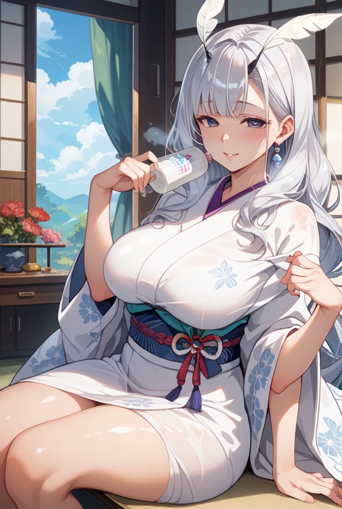 (((masterpiece, best quality))), (((superior quality))), cute girl, ((extremely detailed girl)), ((huge breasts)), yukata, bare shoulders, strapless top, long silver hair, happy
