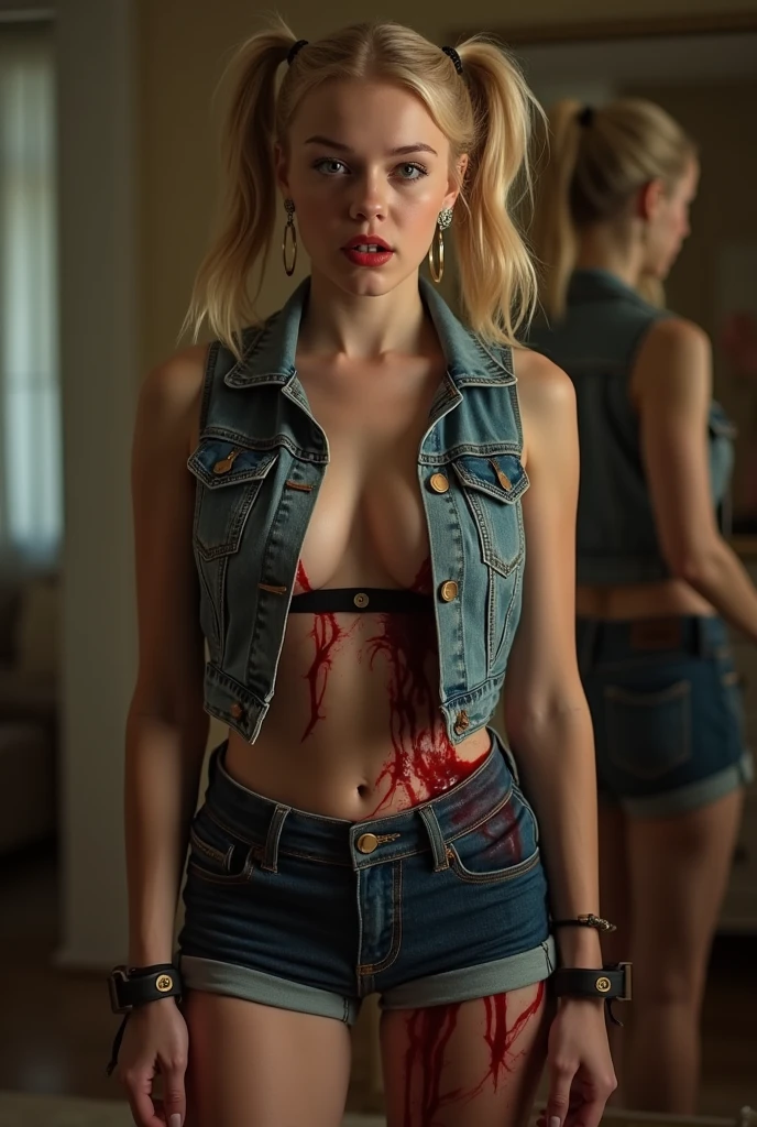 photo of a blonde girl, cute girl, elegant clothes, ((upper body)), dark clothes, ((blood on face, blood, prison cell)).
