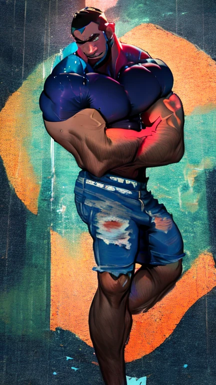((Exaggerated muscles, exaggerated shoulders, very muscular and huge)), (muscular, hairy body, muscular man, tall man, big toe, abs, big thighs, wide shoulders, open chest)), ((details of face and eyes), ((trim)), (square jaw)(nsfw), ((((bare chest, bare torso)))), (Male tribe, ((male, boy, male, male, only male, 1 person, male)), ((((18 years old)))), muscular man, ((male muscle)), male male, male male, male male, male male, male male, male male, male male, male male, handsome face, ((white hair, short), very short pointy hair, bleached gray hair in a blue band, underhair)))), ((grey eyes :1.3)), complex eyes, beautiful detailed eyes, symmetrical eyes, big eyes :1.5, ((dark skin, dark skin, shiny skin :1.5), tanned skin, bright skin :1.5, tanned skin, shiny skin, very shiny body)), (exaggerated muscles, Exaggerated shoulders, very muscular and huge)), (muscular, hairy body, muscular men, tall men, big toes, abs, big thighs, wide shoulders, open chest)), (details of face and eyes), ((slim)), (square chin)(nsfw), ((((bare chest, bare torso)))), (barefoot,), (lift pants), ((Tattoo and mark :1.5)), ((tattoo and mark :1.5)), (topless, topless,), wearing light blue baggy casual shorts :1.3, light blue baggy casual shorts)), ((light blue torn clothes, light blue light blue clothes, light blue complicated clothes)), dynamic pose, looking at the audience, (Serious,) eye-pricking), middle, right proportion, Law of Three, (tattered room full of paint), winter, landscape :1.25, (complex landscape), (cluttered background), dirty rags everywhere, (tattered room background full of paint, tattered utility room), extreme landscape, (Stains everywhere), light blue yarn, Modern style, tattered room, (sunrise, light blue moment), (no glossy fabric decor), high resolution, clear focus, (Super detailed, very detailed), (realistic artwork :1.37), (very detailed CG unified 8k wallpaper), (Bright colors, vibrant theme), (complex), (Masterpiece), (Best quality), art photography, (SLR photog