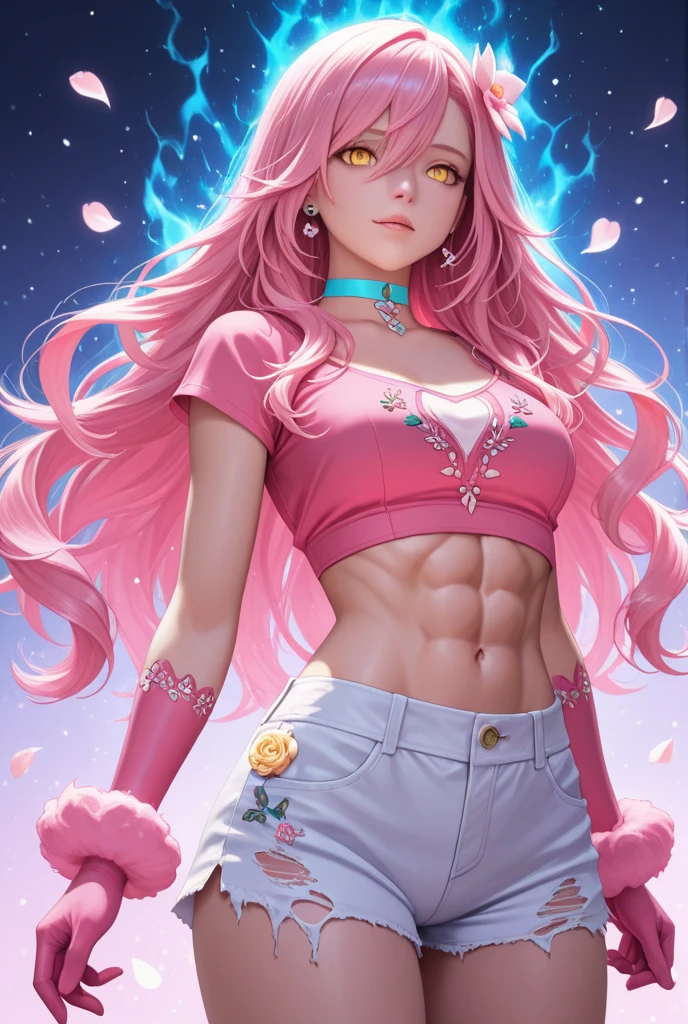 "(((realistic))),Female Neeko, League of Legends, straight from real life, with short hair with colored tips, 6 wings on and a star between them head, on a bed wearing pink pajamas and long pants, showing the navel."