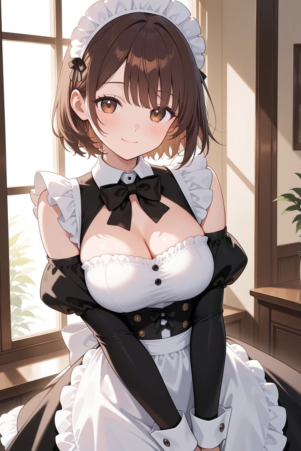 Highest quality,Ultra-high quality,woman,,A little taller,smile,short hair,Large Breasts,Maid clothes,Short sleeve,I can see the valley.Cute black gloves,Cat ears headband,Wear tights,Dark brown hair,Large Breasts,maid Cafe