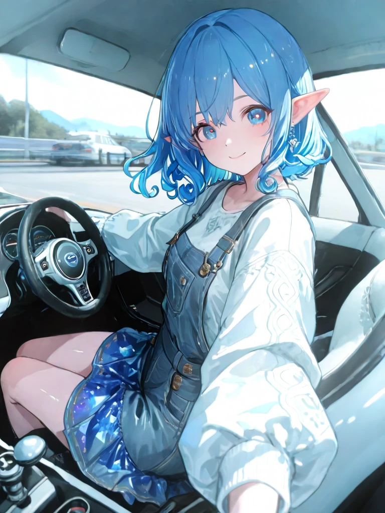 (masterpiece, best quality), 1 elven girl, ( bear breasts, thigh), (light blue hair, twin tails ,very long hair is fluttering in the wind), hair between eyes, multi colored hair,hair flower ornament ,(blush, smile, aqua eyes), open mouth, elf dress,
((((undone clothing)))), (Open the front of the dreaa chest very wide), large breasts, pointed ears, look from the side , (Cruising the highway in a car ) , (color of the car is white), ( the car has 2 seats), (the car has no roof), (passenger seat is left side in the car), (seating in the left seat in the car), Palm trees line the shoreline