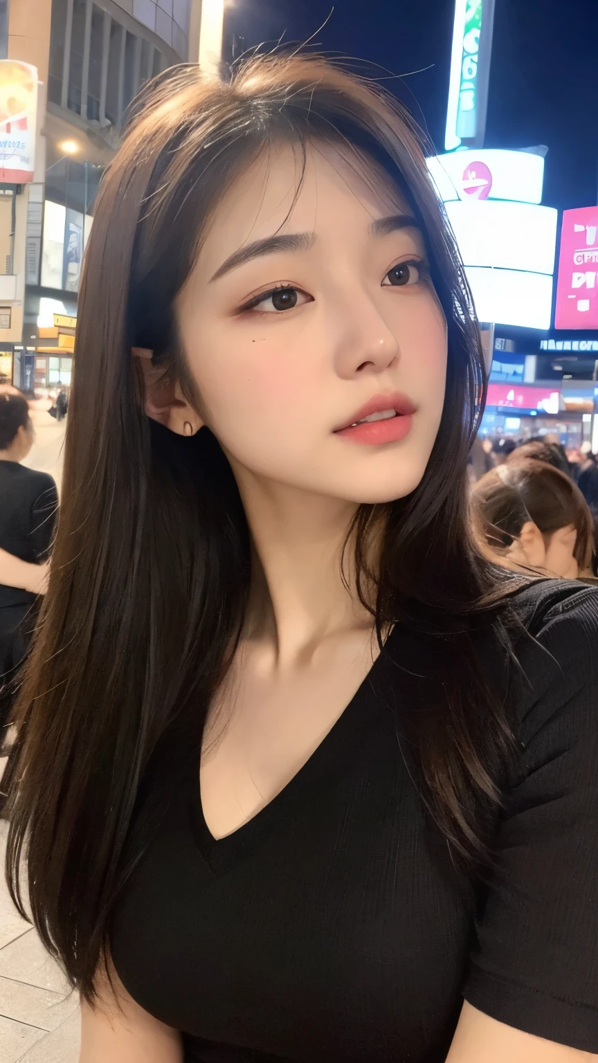 ((best qualtiy, 8K, tmasterpiece:1.3)), Sharp:1.2, perfect figure beautiful woman:1.4, Slim abs:1.2, ((Layered Hair Style, huge tit:1.3,cleavage:1.2)), (A long shirt with transparent wet black buttons:1.1),(Sateen,the street:1.2),Highly detailed facial and skin texture,A detailed eye,二重まぶた,Look sideways at the camera
