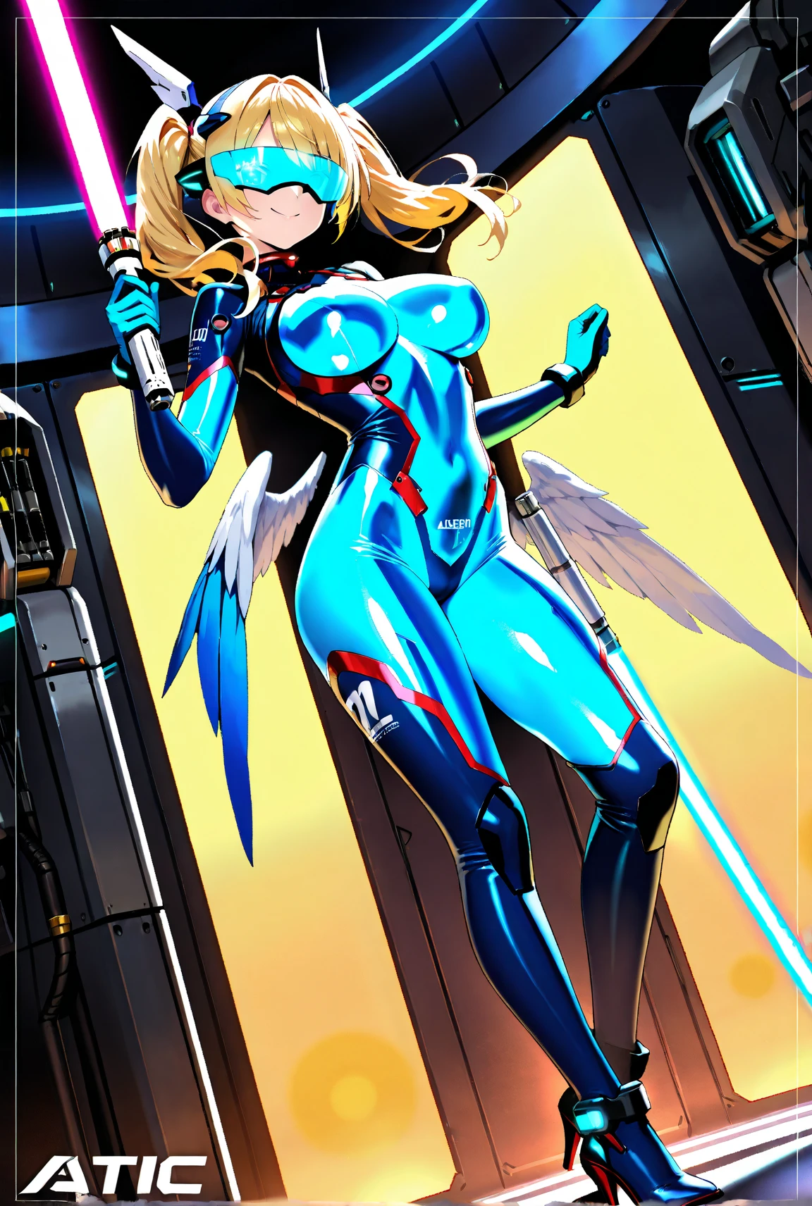(((masterpiece, extremely detailed, official art, promotional art, abstract background, highres))) , solo, mu-12, blue eyes, blonde hair, long hair, medium breasts, forehead protector, elbow gloves, robot ears, shoulder pads, mecha musume, arm blade, mechanical wings, navel, groin, detailed drawing, detailed hand, detailed finger, detailed face, detailed eyes, smiling at viewer, galaxy background, (mechanical legs:0.9) 