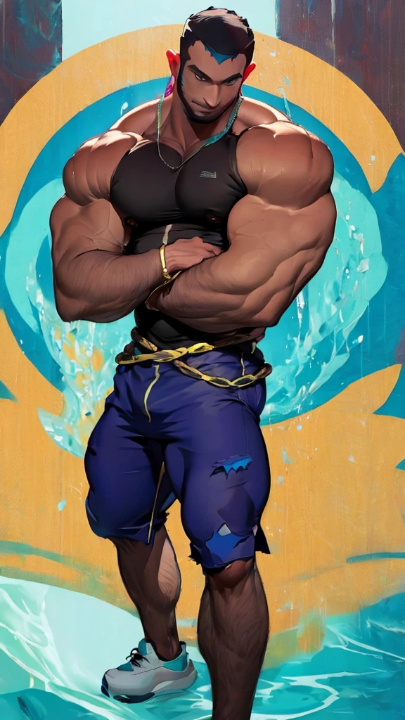 ((Best Quality, 8K, ultra-detailed, Masterpiece: 1.3)) beautifully illustrates a young boy with skin radiating in luminous brilliance and meticulously defined facets, accentuating the allure of Perfect Physical Form and stunningly realistic body contours. The captivating cuteness of his babyish countenance, (1.1), harmoniously contrasts with his dynamic stance, (1.1), which echoes the resolve and martial spirit embodied in an impressive squat, poised for combat. This intriguing pose enthralls the onlooker's gaze, directing it toward the noticeably accentuated region of his lower body, (