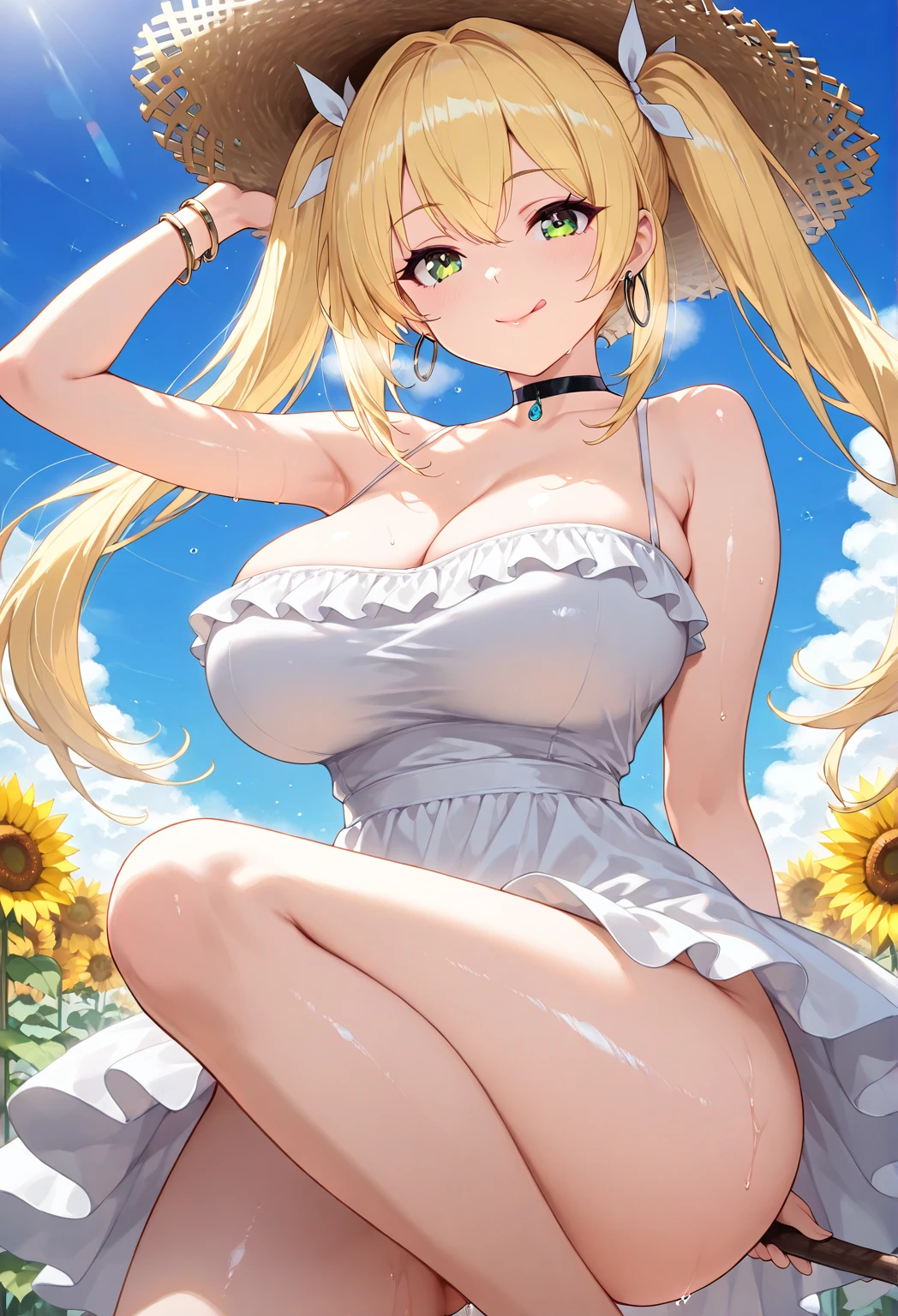 masterpiece, best quality, absurdres, detailed background, 
dramatic lighting, rim lights, backlighting, bloom, 
day, outdoors, sky, flower field, sunflower, sunflower field, sunset, horizon, light particles, 
([blue theme | orange theme], purple theme:0.1), 
BREAK
1girl, hair between eyes, blonde hair, long hair, 
light blue eyes, happy, light smile, blush, parted lips, 
large breasts, (shiny skin, sweat:0.5), wide hips, (cleavage:0.5), 
white hat, sunhat, white dress, sundress, (see-through silhouette:0.35), 
arms up, armpits, 
from above, dutch angle, looking at viewer, 
<lora:Ppolar-P3v1-NbVp10:1>,