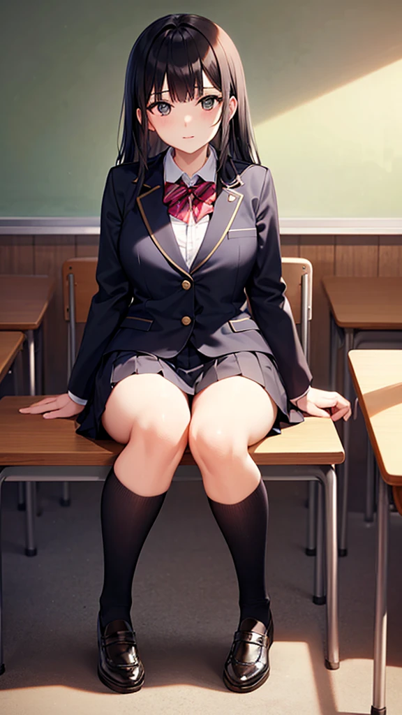 anime, realistic anime style woman, (aegyo sal: 1), 18 year old girl, (gray blazer, ribbon, folded miniskirt, socks, private school uniform: 1.2), high school classroom, beautiful detail in the eyes, (size of the eyes : 3/4) light on the face, ((full body photo: 1.2)), especially strong light, (top of the eyes, smiling smile: 1.2), shiny skin, (((black hair, bob hair: 1.2 ))), (thick thighs), ulzzang-6500-v1.1: 0.2, shy, (flash: 1.2), NSFW, (puffed), ((seductive posture: 1.2, attractiveness: 1.2)), (idle), (sitting at a desk in the classroom: 1.2)), ((good anatomy: 1.2)), ((bright and refreshing classroom, blurred background: 1.2)), perfect face, cute and symmetrical face, (Photo high angle: 1.2 )s., Natural side lighting, ((8k, RAW photos, maximum quality, masterpieces), RAW high definition color photos, professional close-up photos, (realistic, photorealism: 1.37) , (highest quality), (best shadows), (best illustrations), Clavicles ((large)), ((erotic, sexy, ultra high resolution, HD 8K unified CG wallpapers, physical representation, movie lighting), Canon EOS R50 camera, 50mm lens