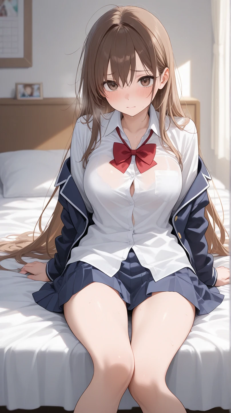 Official art、(Highly detailed CG Unity 8K:1.3)、Perfect litthing、colourfull、Bright Front face Illuminating、(Skindentation),
(Master Pieces:1.5), (best_quality:1.3), Super Hi-Vision, super detailing,upper view, Sweat,Seductive smile,(kneeling:1.3),
Photo Shot,(Clothes lift:1.3),hight resolution,(absurderes:1.2)、Kodak Portra 400、film grains、Background blur、bokeh dof: 1.2、(lensflare:1.2)、(vivd colour:1.2),
(cowboys_shot:1.4),during daytime、Sunsight,Face up,((Asuna)),((Asuna Yuki)),(White underwear),(Bra with red ribbon:1.3)
((Orange Eyes))、Parted bangs beautiful breasts、perspiring、length hair、(chestnut-colored hair,Maroon hair:1.5)、hugetits、(Solo:1.5),on the beds,(neat figure:1.5)
(a 1 girl:1.5)、18year old、High school students、Beautiful Finger、beautiful long leg、Beautiful body、Beautiful nose、Beautiful character design、Perfect eyes、face perfect、a navel、Beautiful hair,Sweat,Animated,cleavage,bikini of, Bra, Panties, (Wet clothes,Bare legs,Exquisite cloth,beautifully detailed eyes,), (Portrait),(School uniform, Blazer, Cardigan, Jacket, Long sleeves, Dark blue pleated skirt, White shirt:1.5),
(lovly、Large breasts:1.5)、(Beautiful face:1.5)、(narrowwaist)、delicate patterns、intricate detailes、an anime girl、A seductive anime girl、beautiful alluring anime woman、Beautiful charming anime teen、Smooth Anime CG Art、Beautiful anime girl、charming anime girls、The best girls in anime、beautiful anime woman、oppai、Ecchi anime style、lascivious,Exquisite cloth,white brassiere、Highly detailed bra、Ren Hao、Lace-trimmed legwear、delicate patterns、intricate detailes、red blush、shinny skin、oestrus,(Black stockings:1.3),(Style image of woman in white underwear:1.5)、A seductive anime girl、Small curved loli、Smooth Anime CG Art、beautiful alluring anime teen、photorealistic anime girl render、beautiful alluring anime woman、animesque,Soft lighting、Beautiful anime girl、charming anime girls、Perfect body with realistic shading、